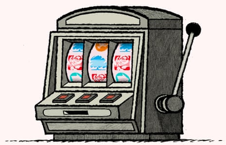 Illustration by David Foldvari of a slot machine with political party logos instead of fruit.