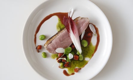 ‘We adore it’: duck breast with fava beans and chorizo.