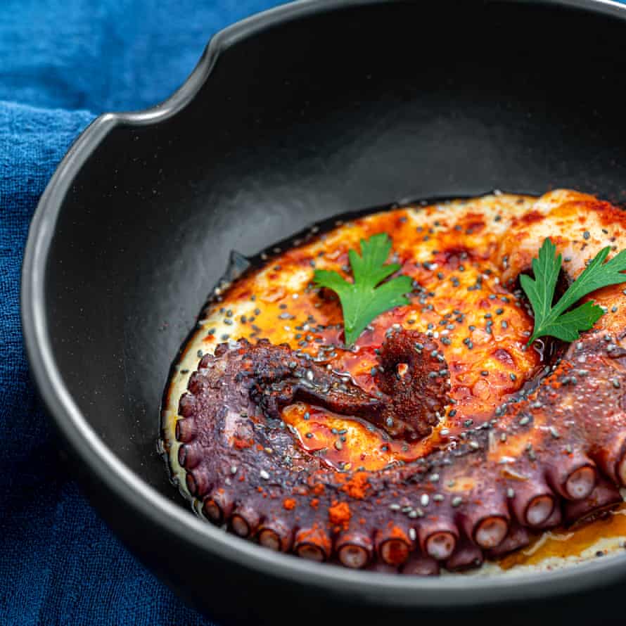 Grilled Octopus with hummus and paprika on a blue background