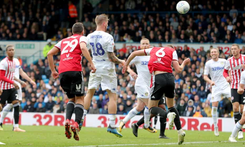 Pontus Jansson heads home for Leeds United in the 88th minute against Brentford at Elland Road.