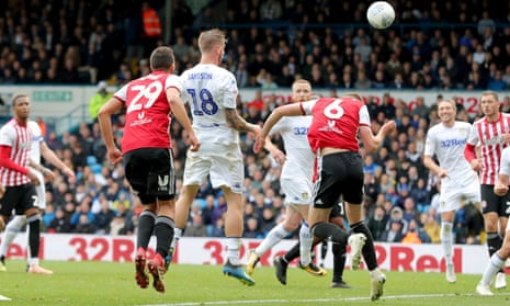 Pontus Jansson heads home for Leeds United in the 88th minute against Brentford at Elland Road.