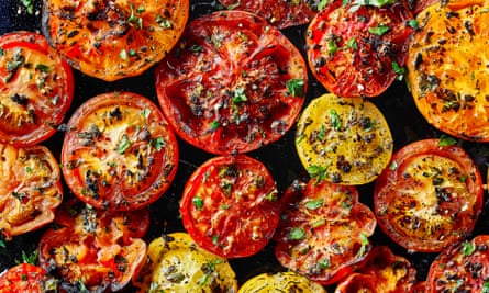 Tomato provencales. Recipe from A Book of Mediterranean Food by Elizabeth David. The Observer’s 20 best tomato recipes supplement. Food Stylist: Kim Morphew Prop stylist: Tamzin Ferdinando