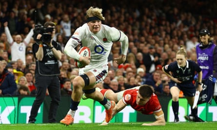 Henry Pollock scores a try on his England debut against Wales in the Six Nations, Cardiff.