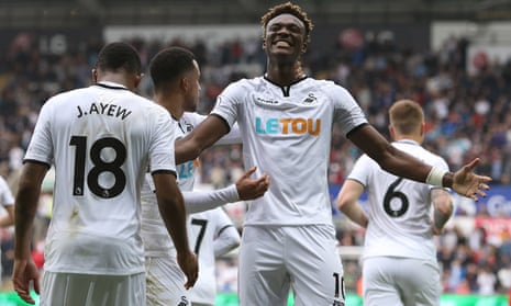 Tammy Abraham celebrates scoring his and Swansea’s first goal against Huddersfield Town.