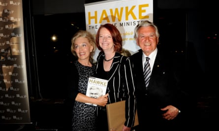Australian prime minister Julia Gillard (centre) with former prime minister Bob Hawke (right) and his wife Blanche D’Alpuget (left).