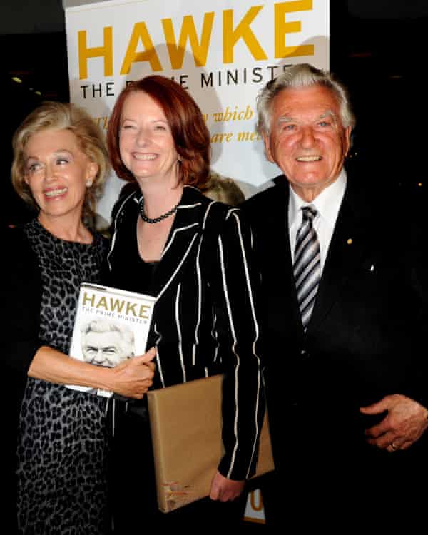 Hawke with his second wife, Blanche d’Alpuget, and Julia Gillard in 2010