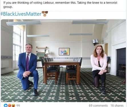 Screen grab of a social media post showing Keir Starmer and Angela Rayner taking the knee
