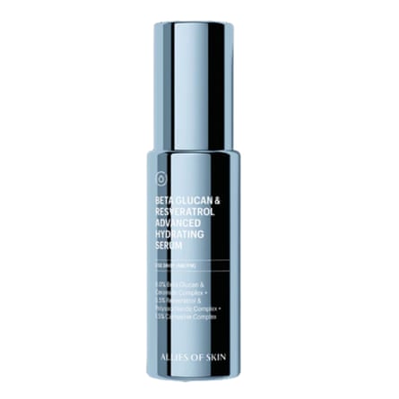 A metallic blue bottle of Allies of Skin Beta Glucan & Resveratrol Advanced Hydrating Serum.