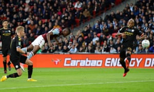 Mbwana Samatta scores for Villa in their 2-1 defeat to Manchester City in the Carabao Cup final at Wembley on 1 March.