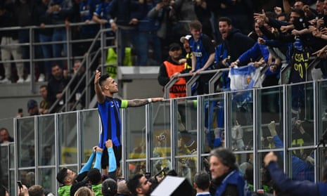 Lautaro Martínez celebrates after opening the scoring in the second leg for Internazionale.