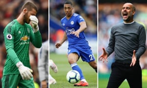 David de Gea of Manchester United; Youri Tielemans of Leicester City; Pep Guardiola of Manchester City.