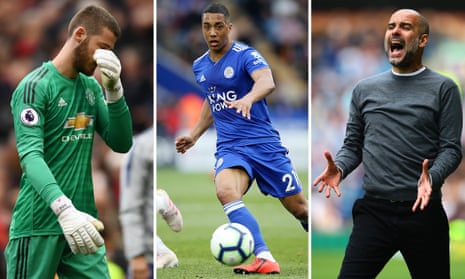 David de Gea of Manchester United; Youri Tielemans of Leicester City; Pep Guardiola of Manchester City.