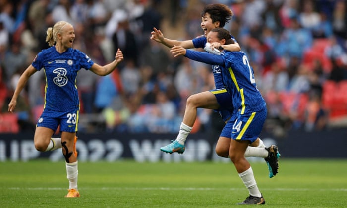 Chelsea’s Pernille Harder, Ji So-Yun and Drew Spence celebrate after the final whistle.