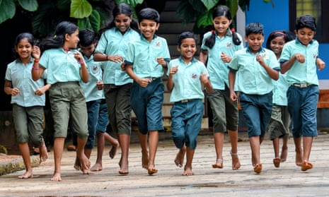 Pupils at Valayanchirangara primary school wearing their gender-neutral uniforms.