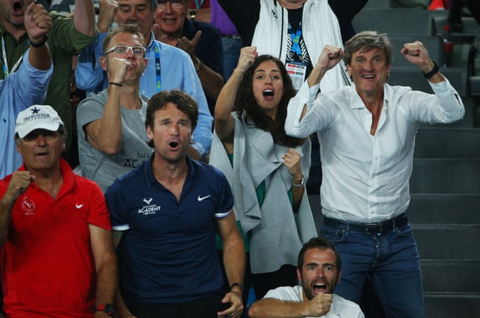 Xisca Perello, girlfriend of Rafael Nadal, second right, and the rest of Team Rafa celebrate.
