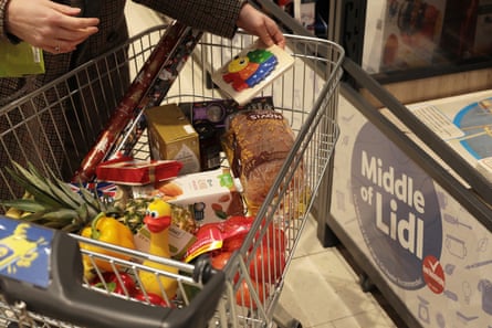 a person puts a child’s picture book from the middle aisle at Lidl into a trolley. The trolley also contains bread, a pineapple, peppers and other groceries, plus a yellow rubber duck toy.