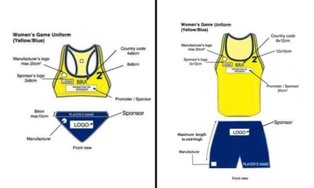 Comparison of the former women’s beach handball uniform (left) and the current one.