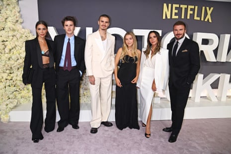 Jackie Apostel, Cruz Beckham, Romeo Beckham, Harper Beckham, Victoria Beckham and David Beckham (left to right) attend the World Premiere of "Victoria Beckham" at The Curzon Mayfair on October 8, 2025.