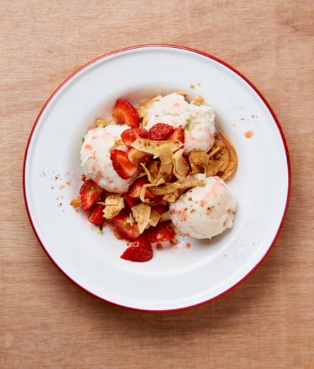 Yotam Ottolenghi’s coconut ice-cream with strawberries and crisp coconut