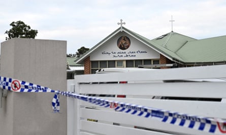 A crime scene cord is pictured at the Assyrian Christ The Good Shepherd Church after a knife attack on 15 April
