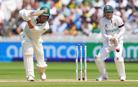 Mitchell Starc plays a shot on day three of the World Test Championship final between South Africa and Australia