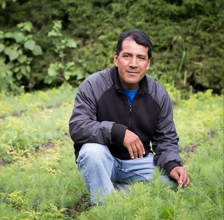 A Latino man kneeling in a green field