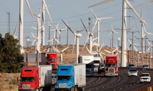 Wind turbines along the 10 freeway on December 8, 2009 near Banning, California.