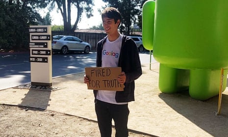 James Damore pictured outside Google wearing a 'goolag' tshirt and holding Fired For Truth sign ( his twitter handle @Fired4Truth) . Taken by a friend while James was being photographed by the Wall Street Journal.