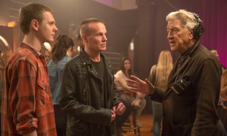 David Lynch on the set of the new Twin Peaks with Jake Wardle and James Marshall.