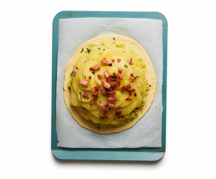 Felicity’s perfect cheese pithivier stage 6a. Add spuds and lardons.