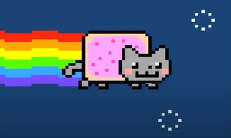 a cartoon cat farting a rainbow