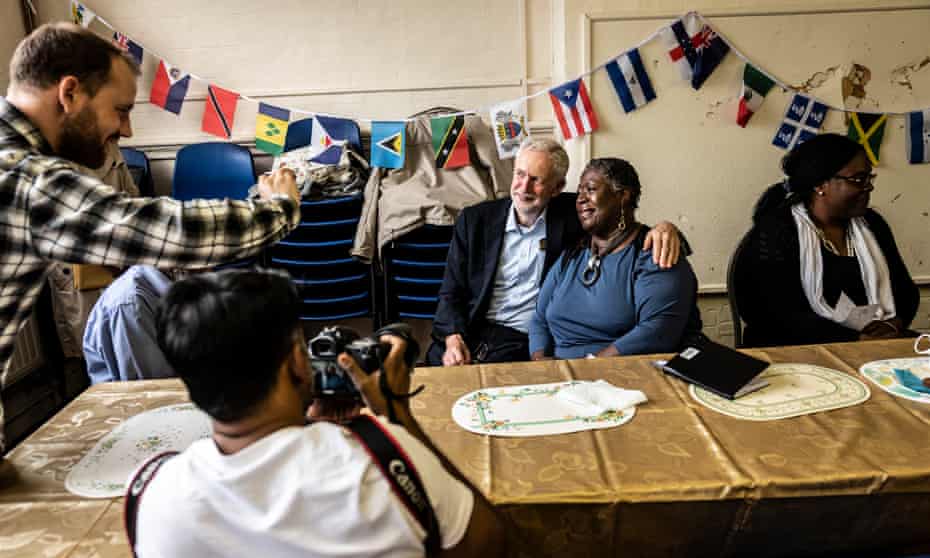 Labour leader Jeremy Corbyn with Windrush pensioners in Ilford
