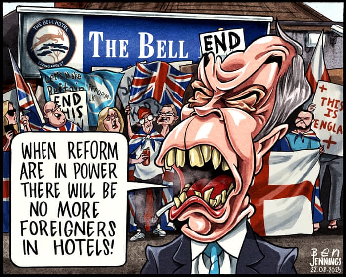 Ben Jennings on Nigel Farage and refugee hotels – cartoon