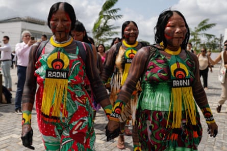 Indigenous people arrive at the Cop30 summit in Belém, Brazil.