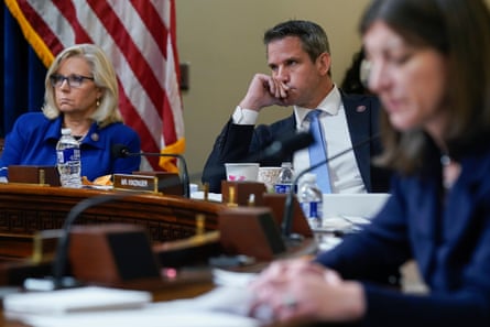 Liz Cheney, left, and Kinzinger listen as Elaine Luria speaks during a House January 6 committee hearing in July 2021.