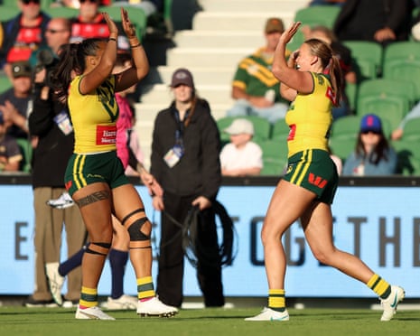 Jaime Chapman celebrates a try at HBF Park
