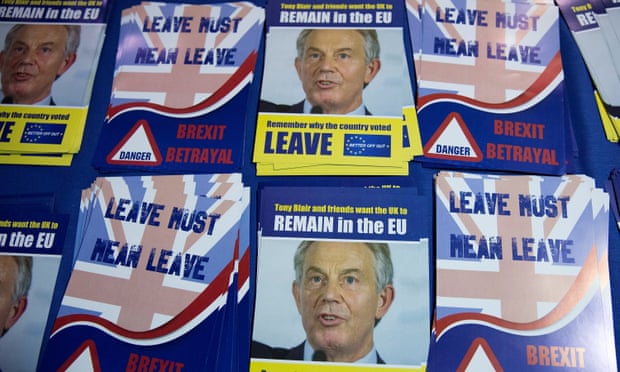Pro-Brexit leaflets featuring the former prime minister Tony Blair.