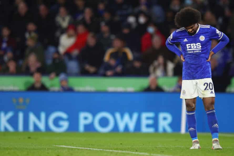 Leicester City midfielder Hamza Choudhury looks stunned after the Foxes conceded two stoppage-time goals to lose to Tottenham.