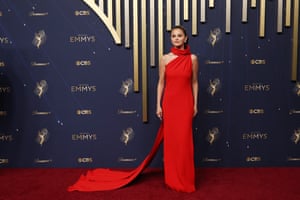 Only Murders in the Building’s Selena Gomez is dressed to kill in a scarlet, funnel necked halter dress from Louis Vuitton