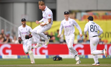 England bowler Ben Stokes celebrates after taking the wicket of Rassie van der Dussen during day three of the Second test match between England and South Africa at Old Trafford