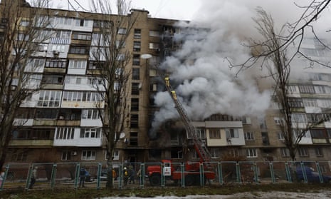 A damaged building hit by shelling in Donetsk.