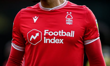 The Football Index logo on a Nottingham Forest shirt last month, before the club dropped it.