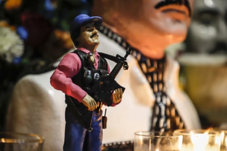 A statue of Mexican drug lord Joaquin ‘El Chapo’ Guzman is displayed at his chapel in Culiacán, Sinaloa. An arrest of his son erupted in cartel violence across the city.