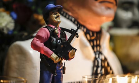 A statue of drug lord Joaquín ‘El Chapo’ Guzmán displayed for sale in Culiacan, Sinaloa. He remains a hero in his native Badiraguato.