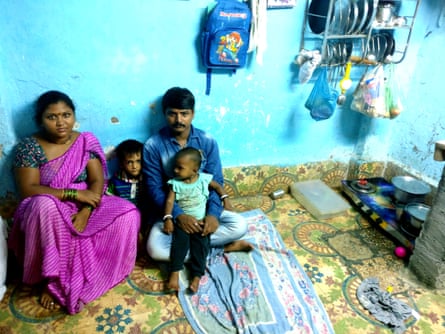 Prakash Shinde with his wife Pooja and their two children. They live on the ground floor of dilapidated Sukh Sadan building