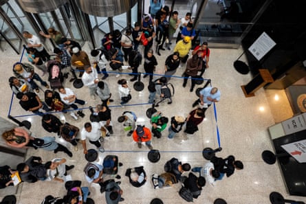 overhead view of people waiting in line