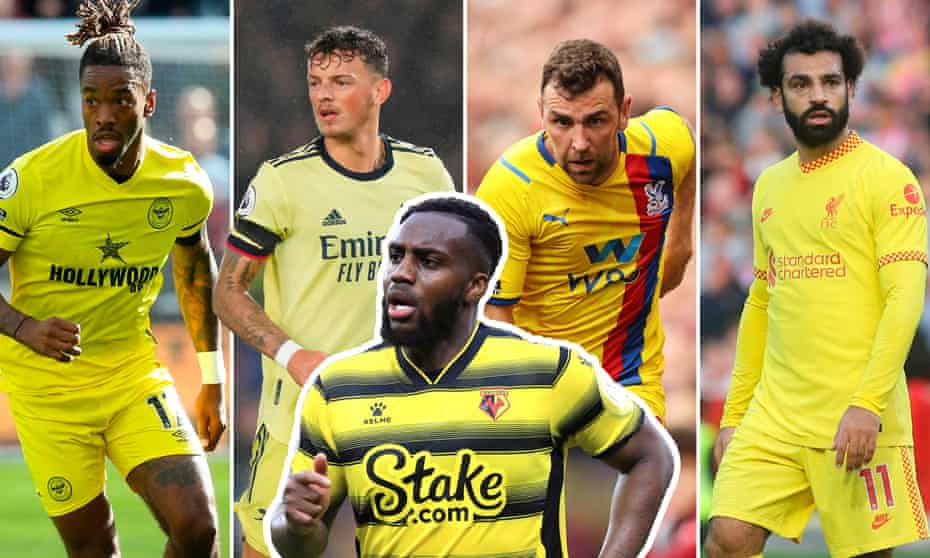 Some of the Yellow Kit Brigade: Brentford's Ivan Toney, Arsenal's Ben White, Watford's Danny Rose, Crystal Palace's James McArthur and Liverpool's Mo Salah.