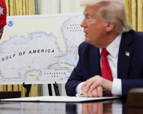 Trump officials to appeal court ruling lifting White House ban on Associated Press – US politics live Donald Trump with a map showing the ‘gulf of America’ in the background
