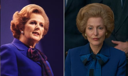 Composite image showing Margaret Thatcher (left) and The Crown S4 - Margaret Thatcher (GILLIAN ANDERSON)