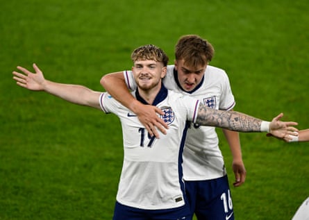 Harvey Elliott celebrates scoring an early opener for England